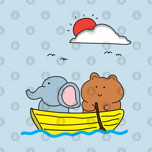 cute elephant and bear on a wooden boat by wordspotrayal