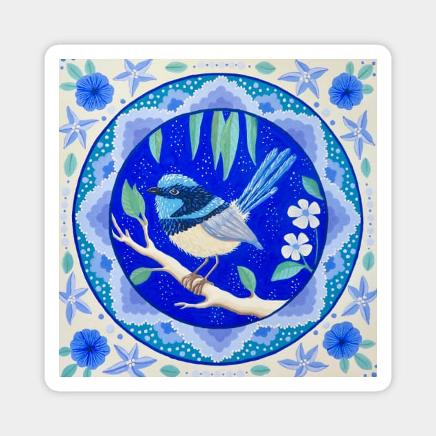 Blue Fairy Wren Mandala Magnet by SoozieWray