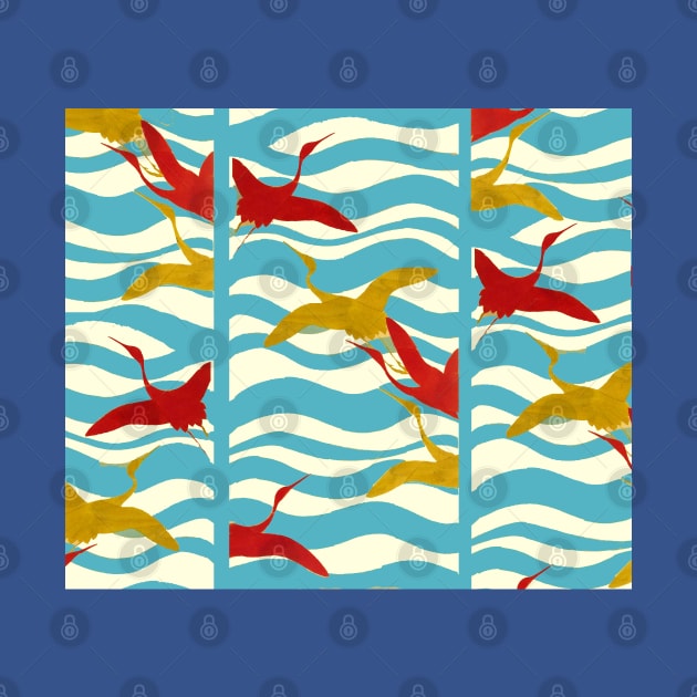 RED YELLOW FLYING CRANES ON WHITE BLUE SEA WAVES by BulganLumini