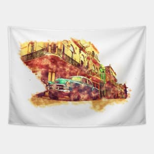 Cuba Havana, Watercolor Sketch Art Vintage Style Tapestry