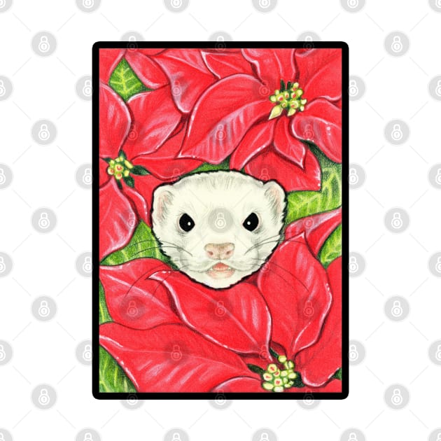 Ferret in Poinsettias - Black Outlined Version by Nat Ewert Art