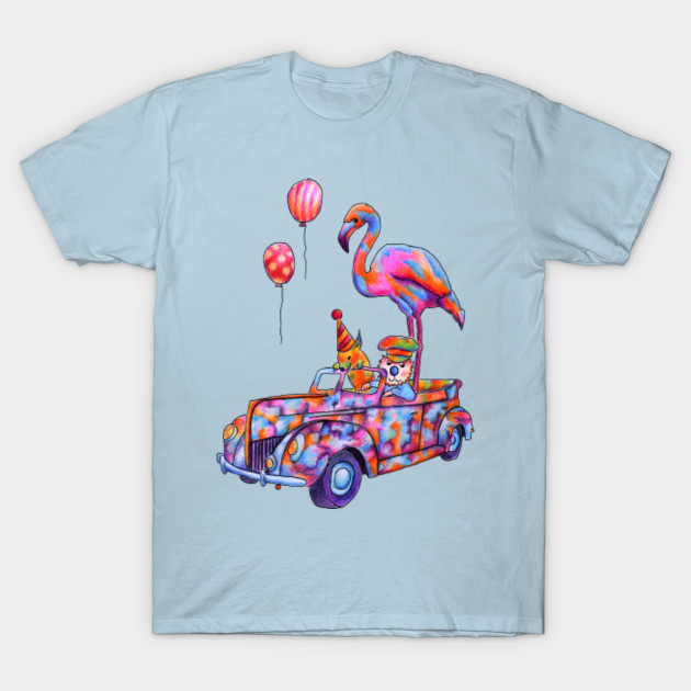 Disover Flamingo Balloon Car | Monica Hulsing - Flamingo - T-Shirt