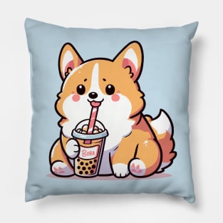 cute corgi dog enjoying boba Pillow