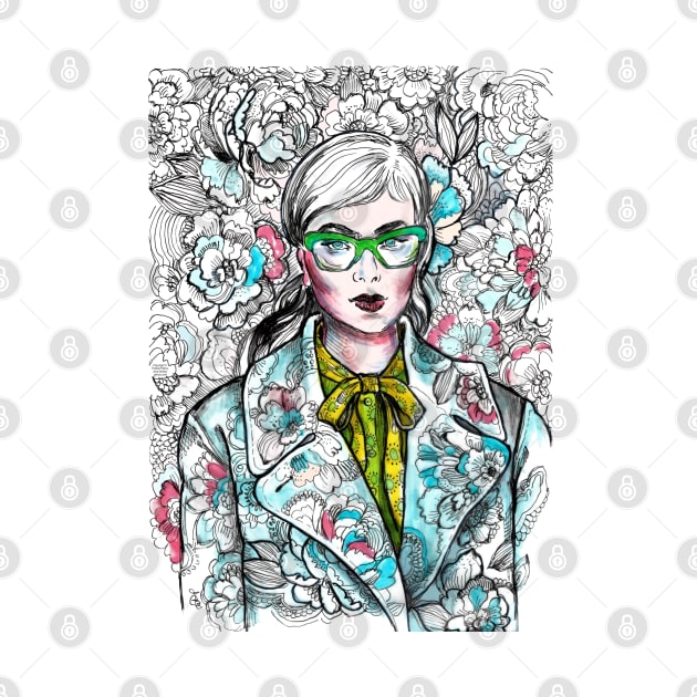 Woman Wearing Glasses in a Floral Pattern. by FanitsaArt