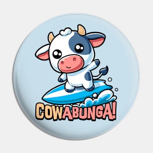 Cowabunga! Cute Surfing Cow Pun Pin