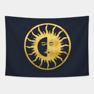 Golden Sun and Moon Symbol on Blue Background Tapestry