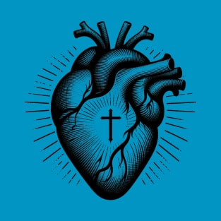 Christian Heart Minimalist Black Work Line Drawing T-Shirt