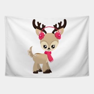 Christmas Reindeer, Cute Reindeer, Red Scarf, Xmas Tapestry