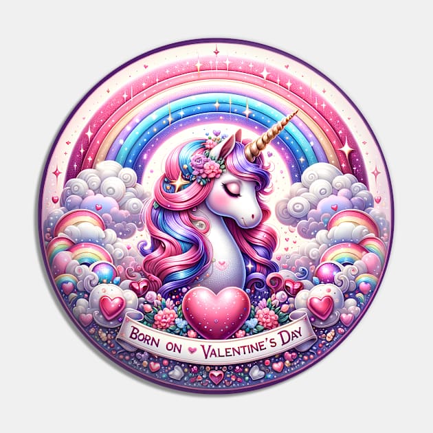 Born On Valentine's Day Unicorn Design Pin by E