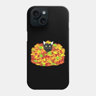 Black and White Tuxedo Cat Playing in a Pile of Fallen Autumn Leaves (Black Background) Phone Case