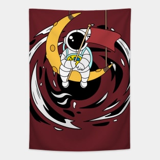 Astronaut Above a Blackhole on a Moon Waving a Flag Tapestry