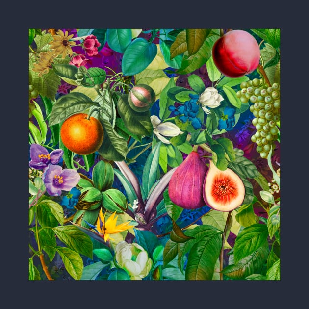 Vibrant tropical floral leaves and fruits floral illustration, botanical pattern, Purple Blue fruit pattern over a by Zeinab taha