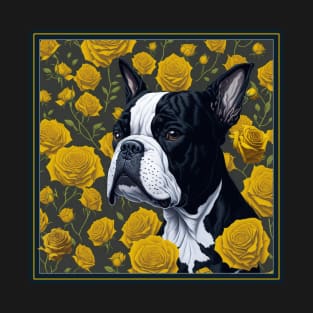 Boston Terrier yellow roses 2 T-Shirt