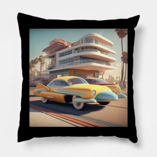 A Retro-Futuristic image of a Califonia Beach City Pillow