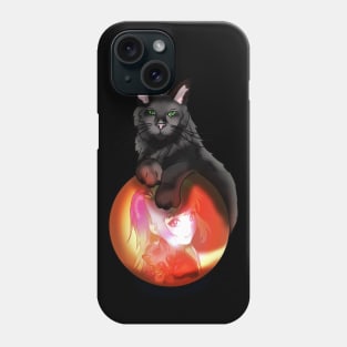 Black fluffy cat on a red glow crystal ball Phone Case