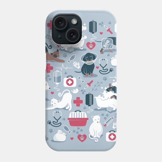 Veterinary medicine, happy and healthy friends // pastel blue background red details navy blue white and brown cats dogs and other animals Phone Case by SelmaCardoso