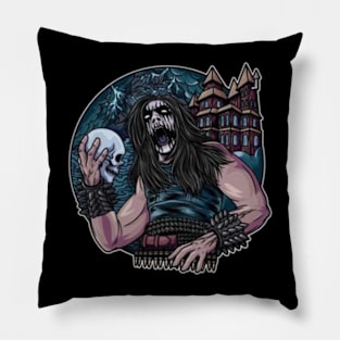 Black metal band holding skull with castle illustration Pillow