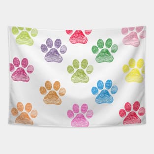 Cute doodle hand drawn colorful paw prints Tapestry