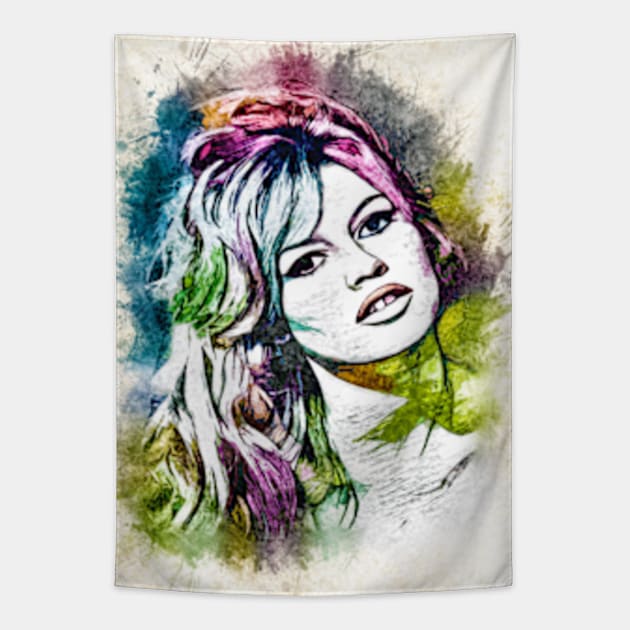 Beautiful Brigitte Bardot Color Portrait Watercolor Fan Art Tribute Tapestry by Naumovski