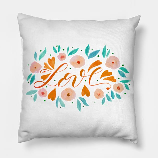 Love and flowers - orange and green Pillow by wackapacka