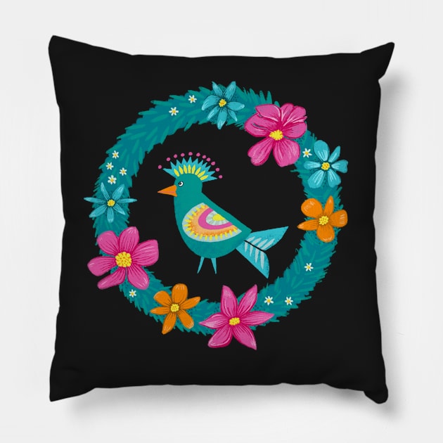 Colorful bird in a green wreath with flowers | repeat pattern Pillow by colorofmagic