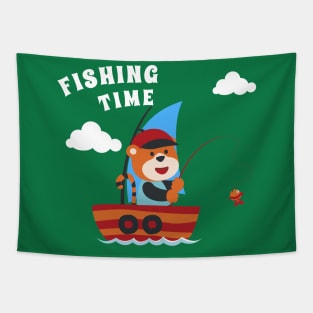 Vector cartoon illustration of cute tiger fishing on sailboat with cartoon style. Tapestry