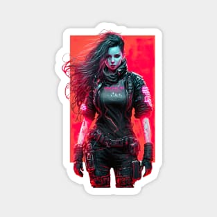 Cyberpunk Girl On Red Neon Background Magnet