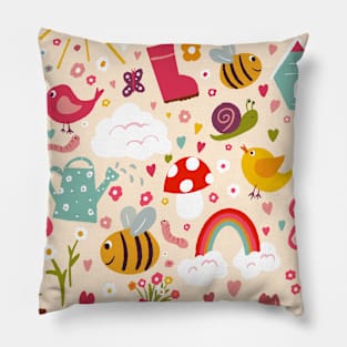 Gardening Fun repeat pattern on a cream background Pillow