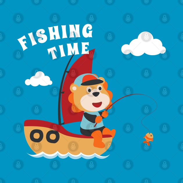 Vector cartoon illustration of cute lion fishing on sailboat with cartoon style. by KIDS APPAREL