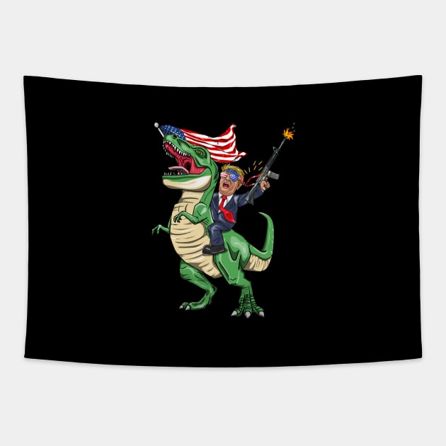 Machine Gun Trump On T Rex Dinosaur With American Flag Tapestry by BUBLTEES