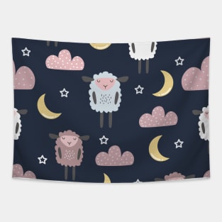 Sweet sleeping sheep pattern dark navy Tapestry