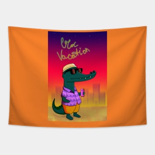 Cute crocodile in sunglasses drinking a cocktail on the beach Tapestry