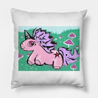 Pink Fluffy Unicorn Jumping Through A Field Pillow