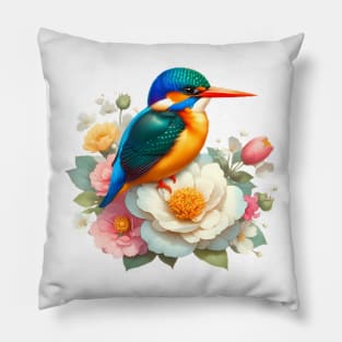 An oriental dwarf kingsfisher decorated with beautiful colorful flowers. Pillow