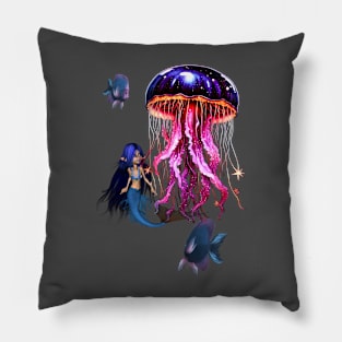 Cute mermaid looks at the beautiful jellyfish. Pillow