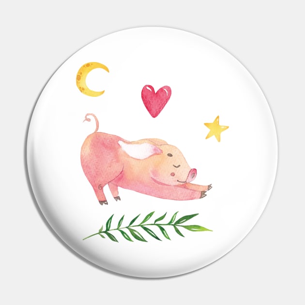 Yoga Piglet with Half Moon Heart and Star Pin by susannefloe