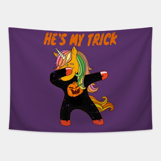 He is My Trick Halloween Dabbing Unicorn Tapestry by alcoshirts