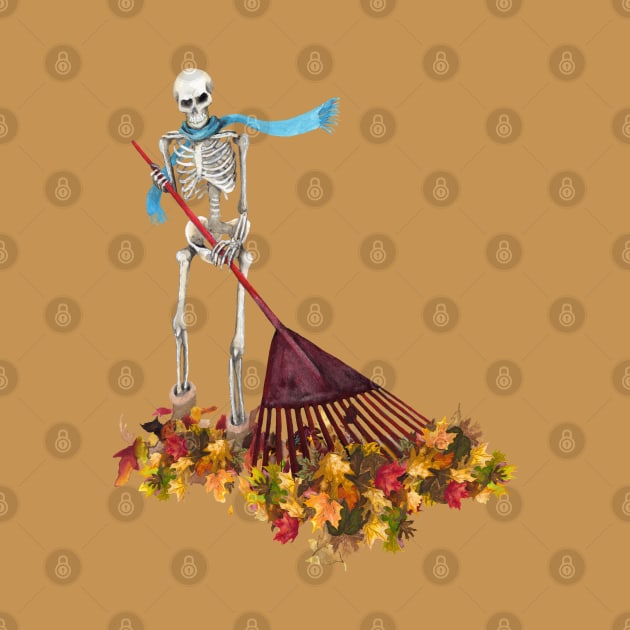 Skeleton Raking Leaves by Heather Dorsch Creations