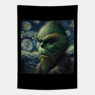 Whimsical Night: Mischievous Green Character - Starry Night Inspired Holiday Art Tapestry