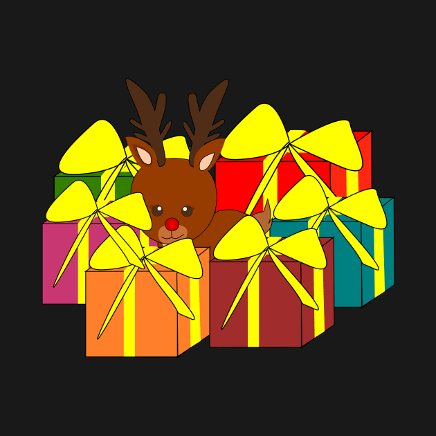 Cute reindeer hiding behind Christmas gifts by cocodes