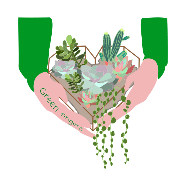 Green Fingers, girl holding succulent terrarium with cactus, agava, string of pearls by Orangerinka