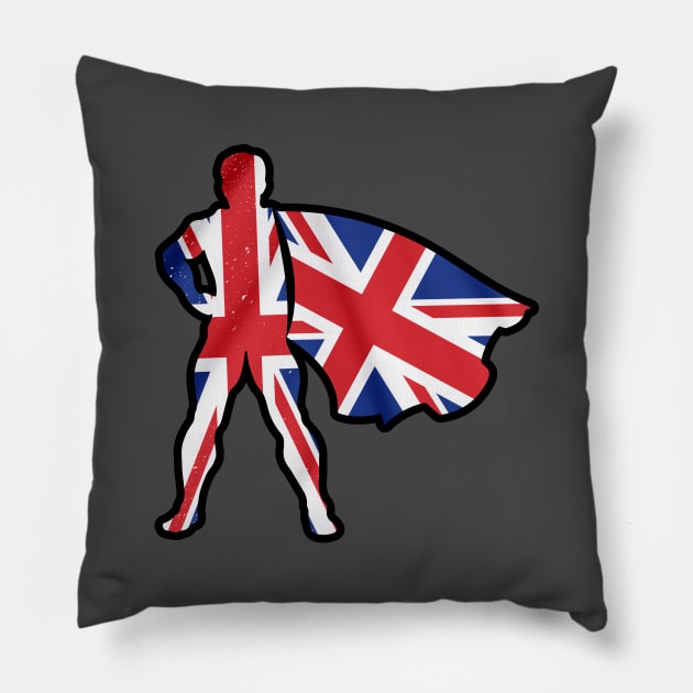 Hero of United Kingdom Wearing Cape of UK Flag Representing Brave and Hope Pillow by Mochabonk