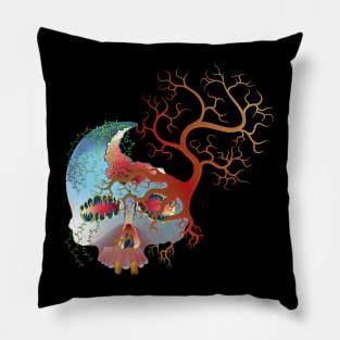 A skull overgrown with dried up plants and trees Pillow