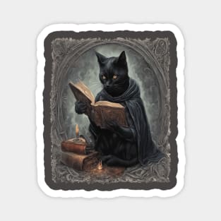 A Black Cat Wearing A Cloak Studying Halloween Spells Magnet