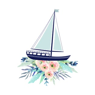 Watercolor flowers and sailboat T-Shirt