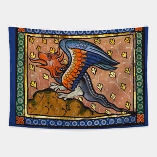 MEDIEVAL BESTIARY, DRAGON ,Gold Leaves, Blue Orange Colors Tapestry