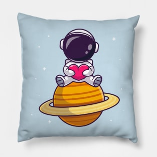 Cute Astronaut Sitting On Planet With Love Heart Cartoon Pillow