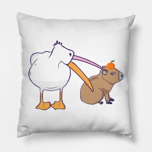 Pelican Tries to Eat Capybara Orange  Funny Cute Kawaii Meme Pillow