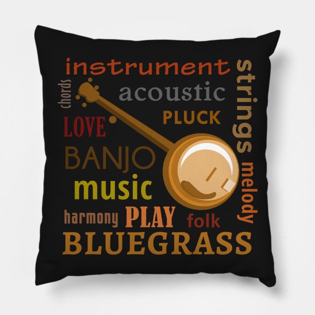 Banjo Words Pillow by evisionarts