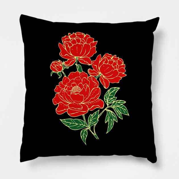 Bright Red Peonies Pillow by RockettGraph1cs